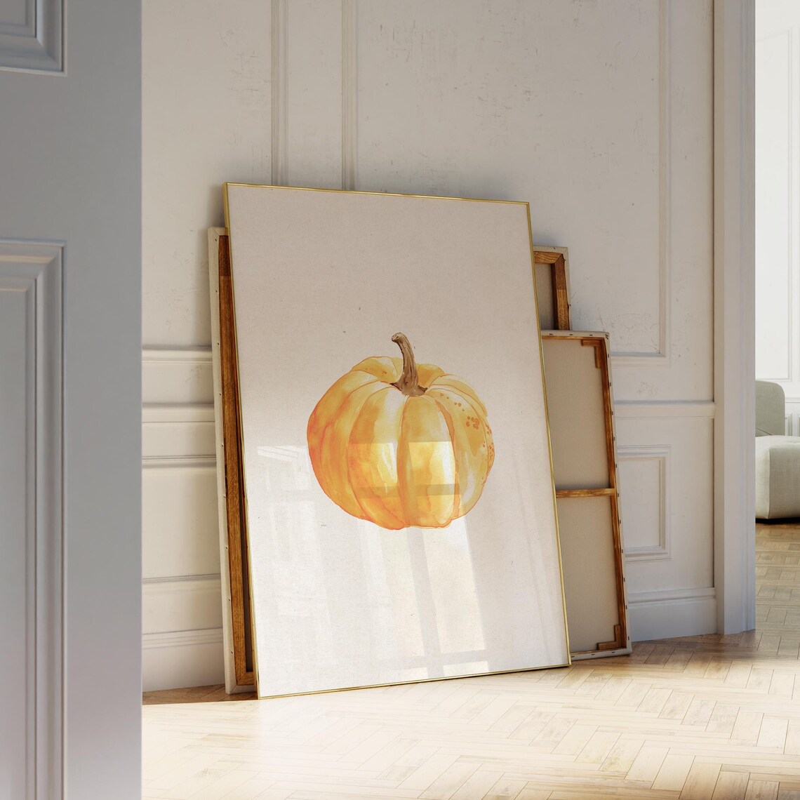 Watercolor Orange Pumpkin Minimalist Fall Kitchen Art Poster