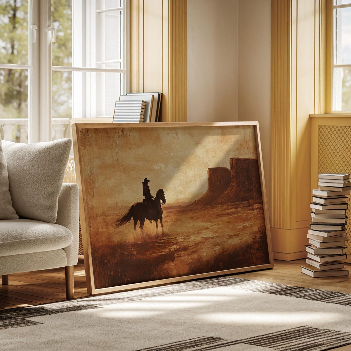 Lone Cowboy Riding Toward Desert Mesa at Sunset Painting Poster