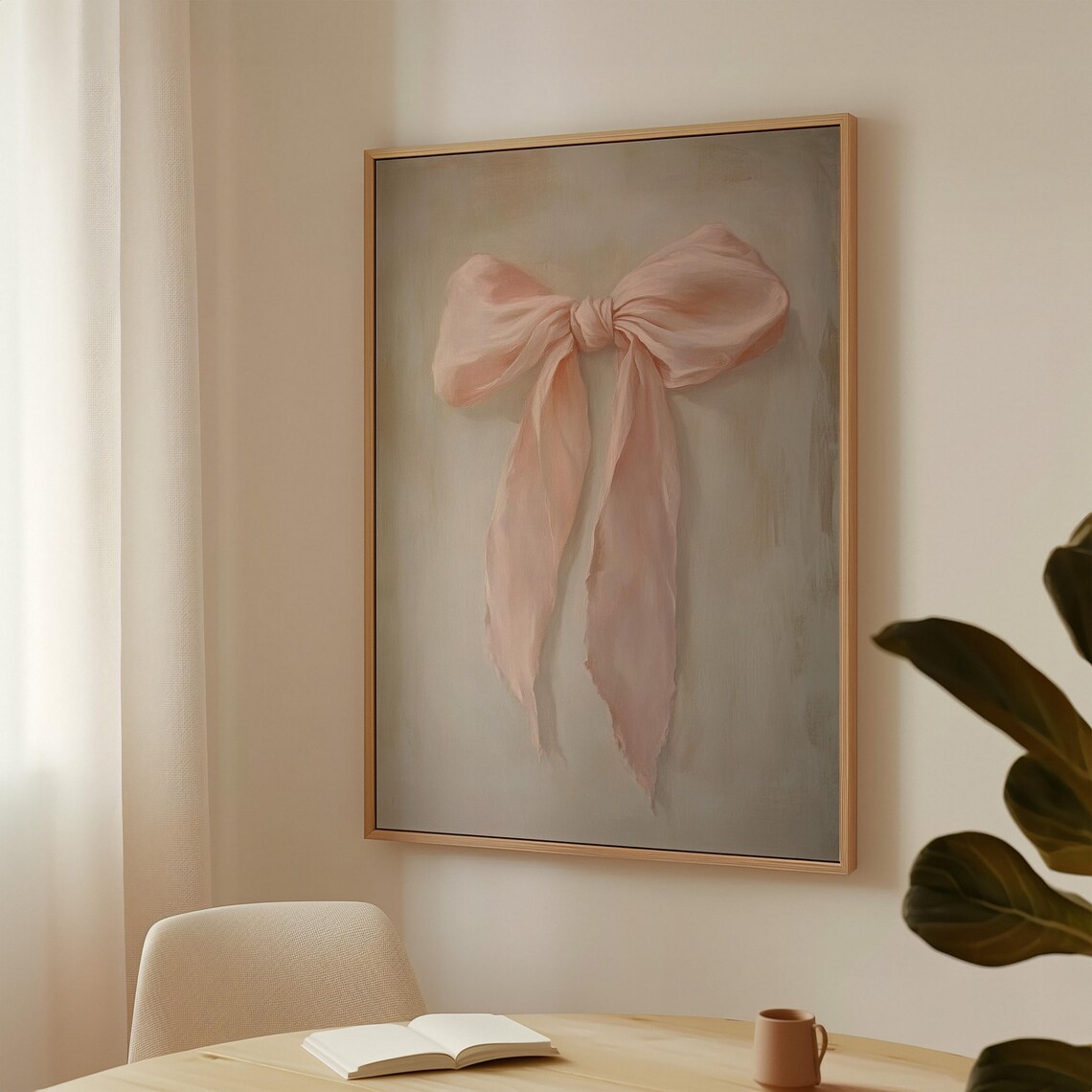 Soft Pink Silk Bow Painting Elegant Feminine Ribbon Wall Art - Image 3