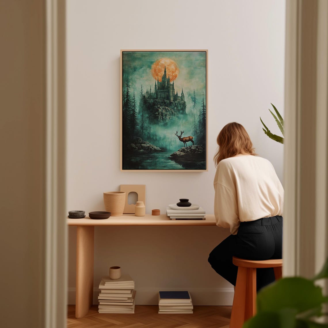 Gothic Castle Under Huge Amber Moon Misty Forest Fantasy Poster - Image 3