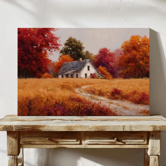 Rustic Autumn Farmhouse Canvas Wall Art Vibrant Fall Landscape Painting With Red And Orange Trees Country Cottage Harvest Decor