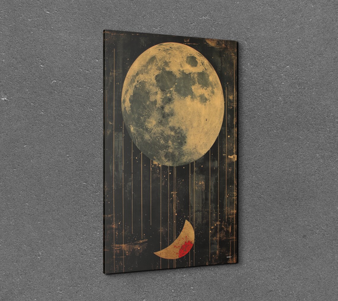 Golden Full Moon and Crescent Mid Century Modern Night Poster - Image 3