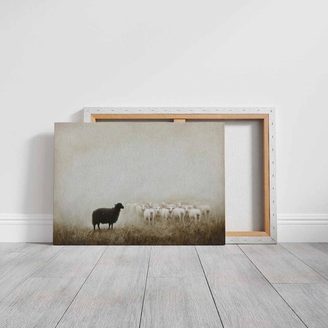 Black Sheep In Foggy Pasture Rustic Farmhouse Art Print - Image 3