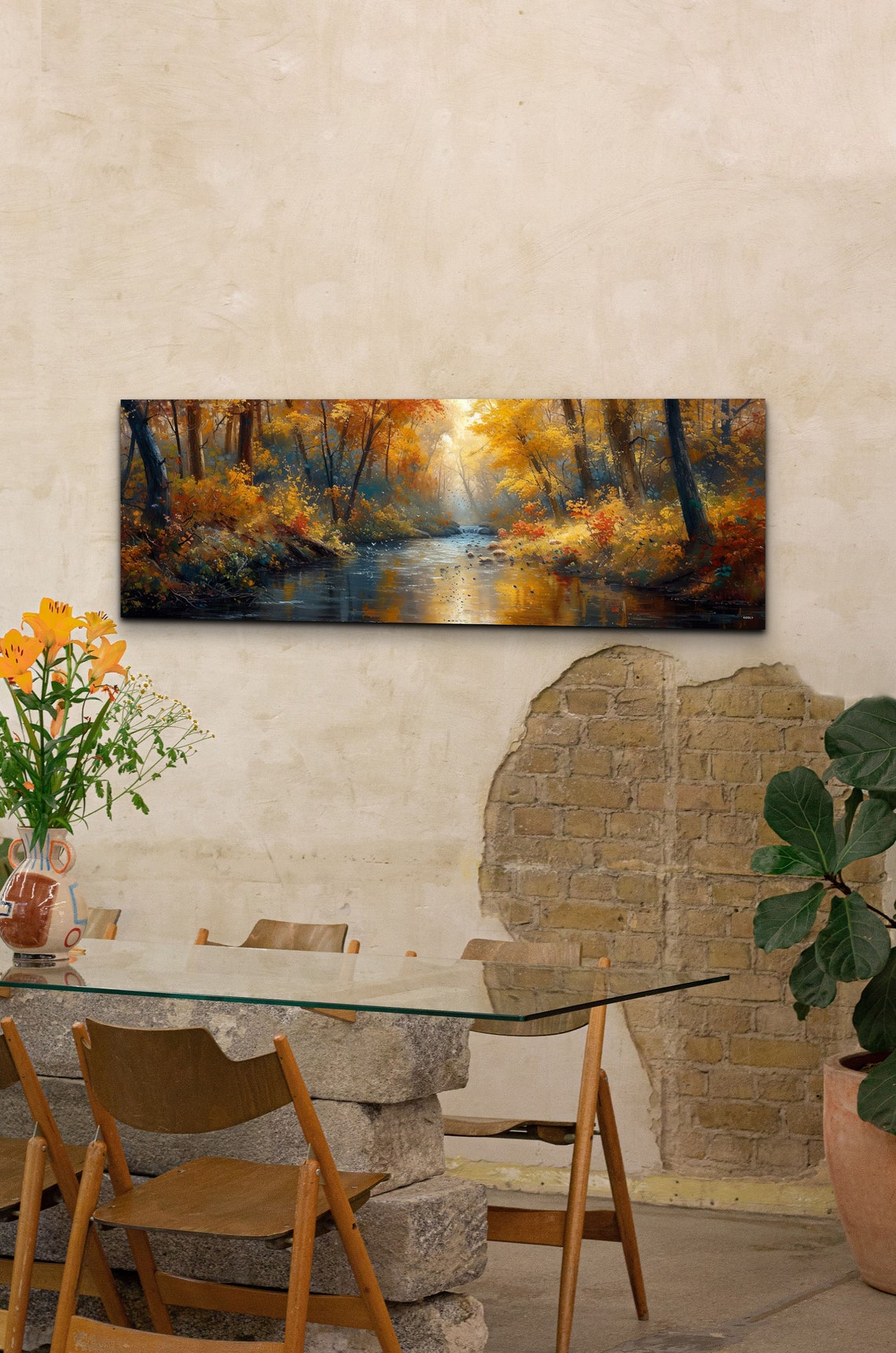 Panoramic Autumn Forest Stream Golden Light Fall Painting Poster - Image 3