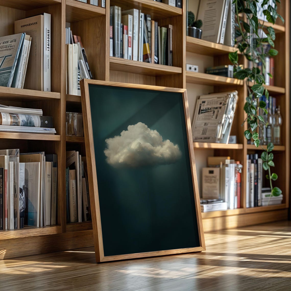 Minimalist Cloud Art Single Fluffy White Cloud On Dark Teal Sky Poster