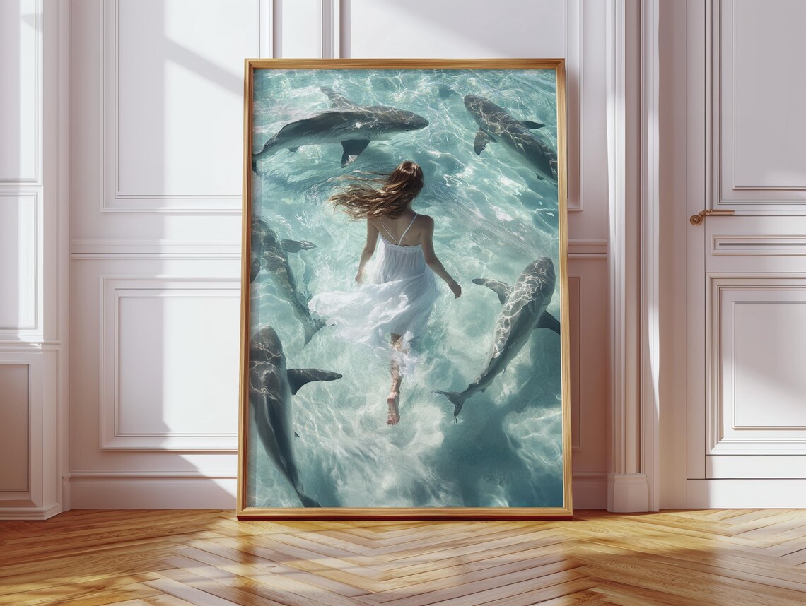 Woman Floating Among Sharks Turquoise Ocean Surreal Dream Poster