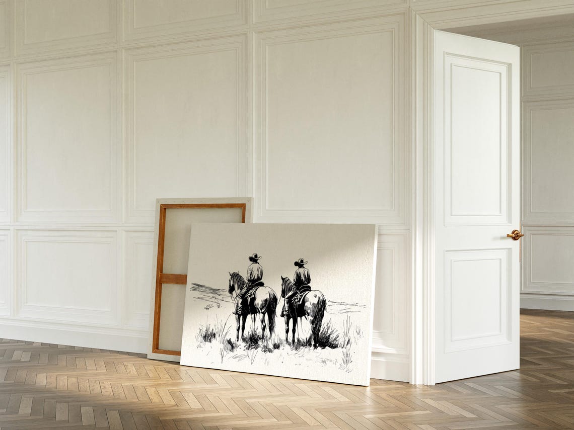 Cowboys On Horseback Line Art Western Ranch Decor Black And White Cowboy Drawing Rustic Wall Art Print - Image 3