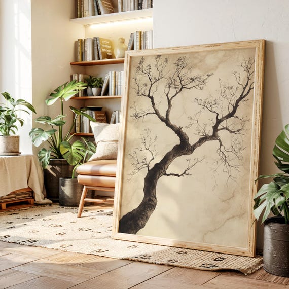 Minimalist Ink Tree Drawing Canvas Vintage Japanese Wall Art Rustic Zen Botanical Line Print For Neutral Decor