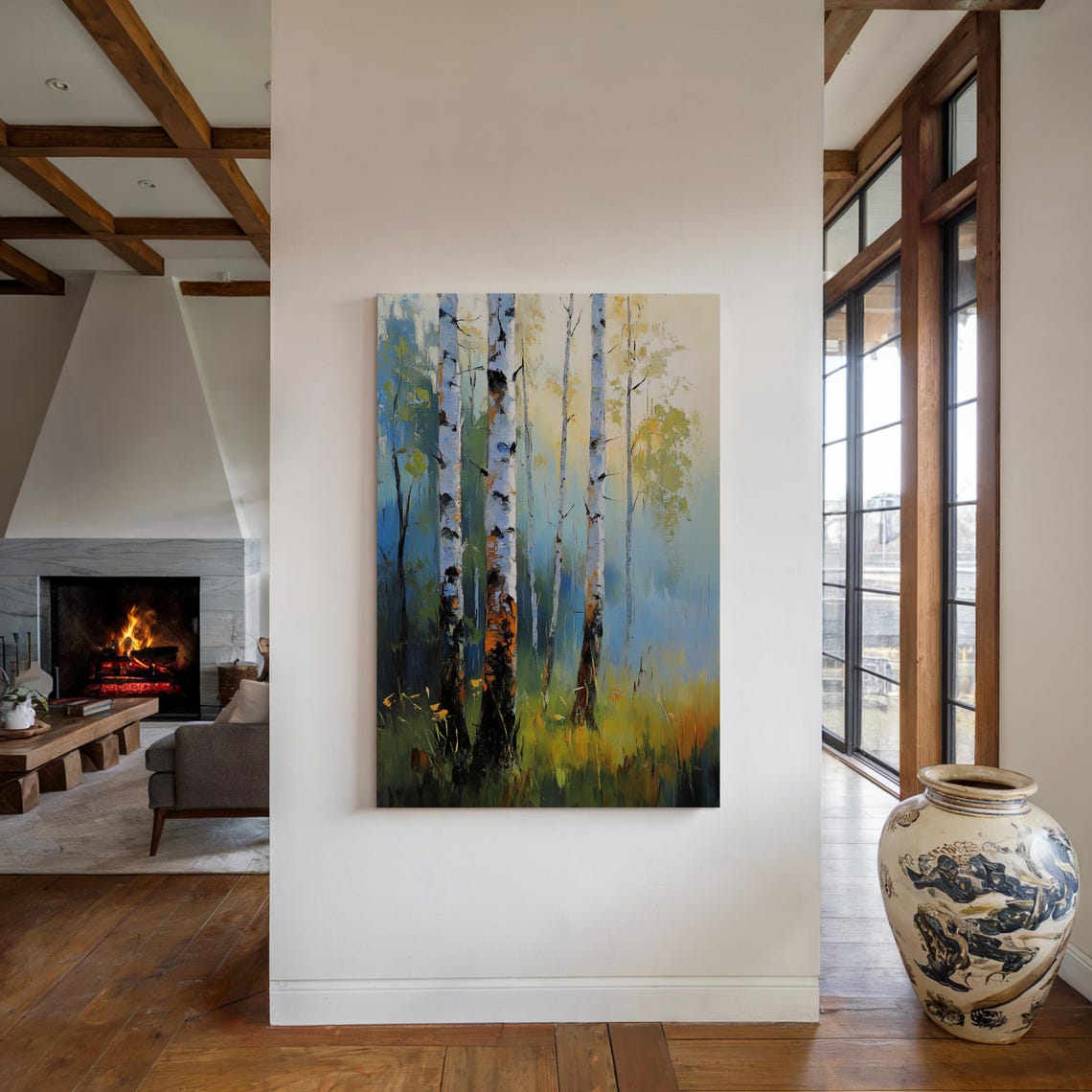 Impressionist Birch Tree Forest Sunlit Blue Green Oil Poster - Image 5