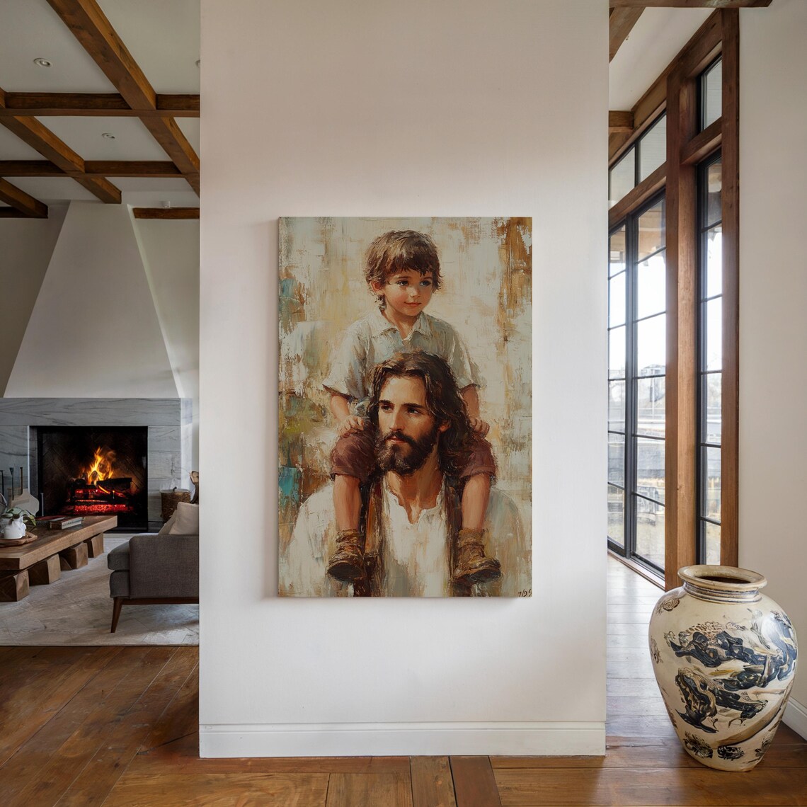 Boy Sitting on the Shoulders of Jesus in a Warm Portrait Poster - Image 4