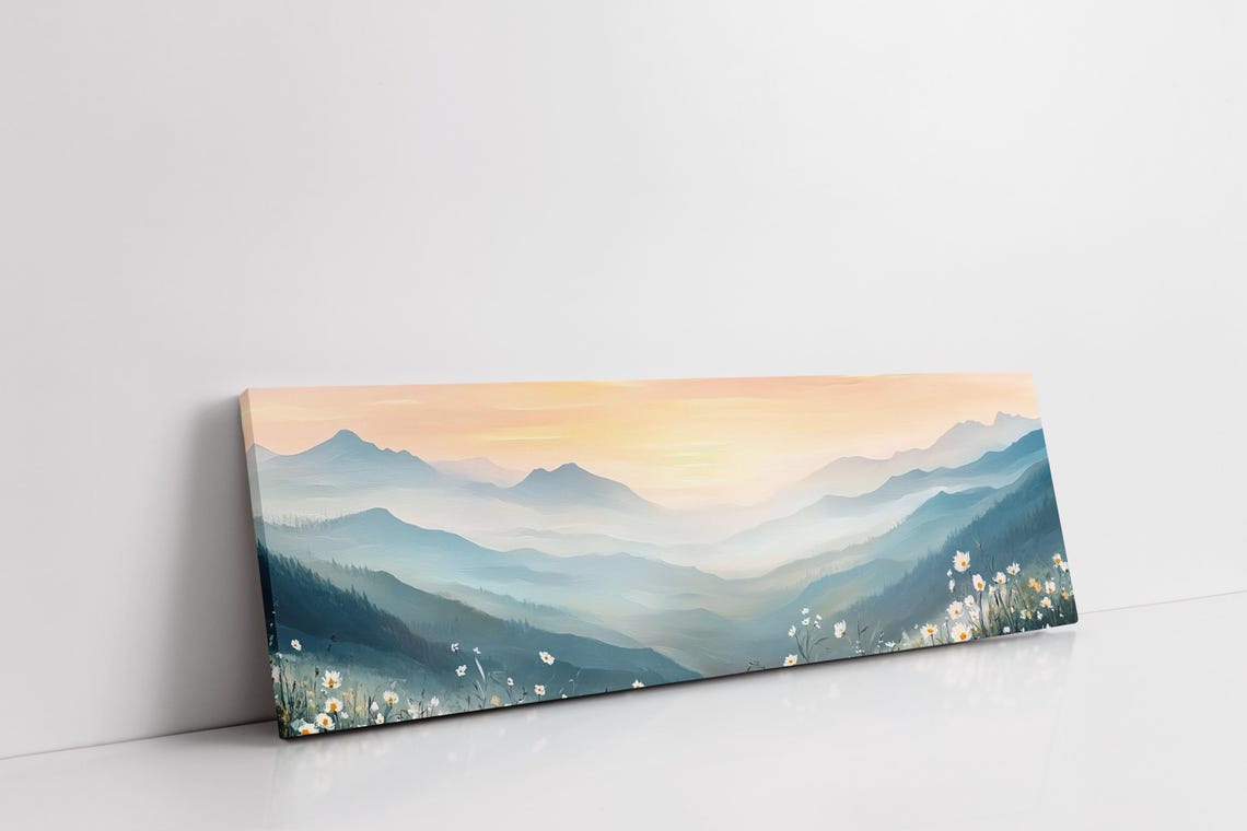 Misty Mountain Sunrise Over Wildflower Meadow Panoramic Art Poster - Image 6