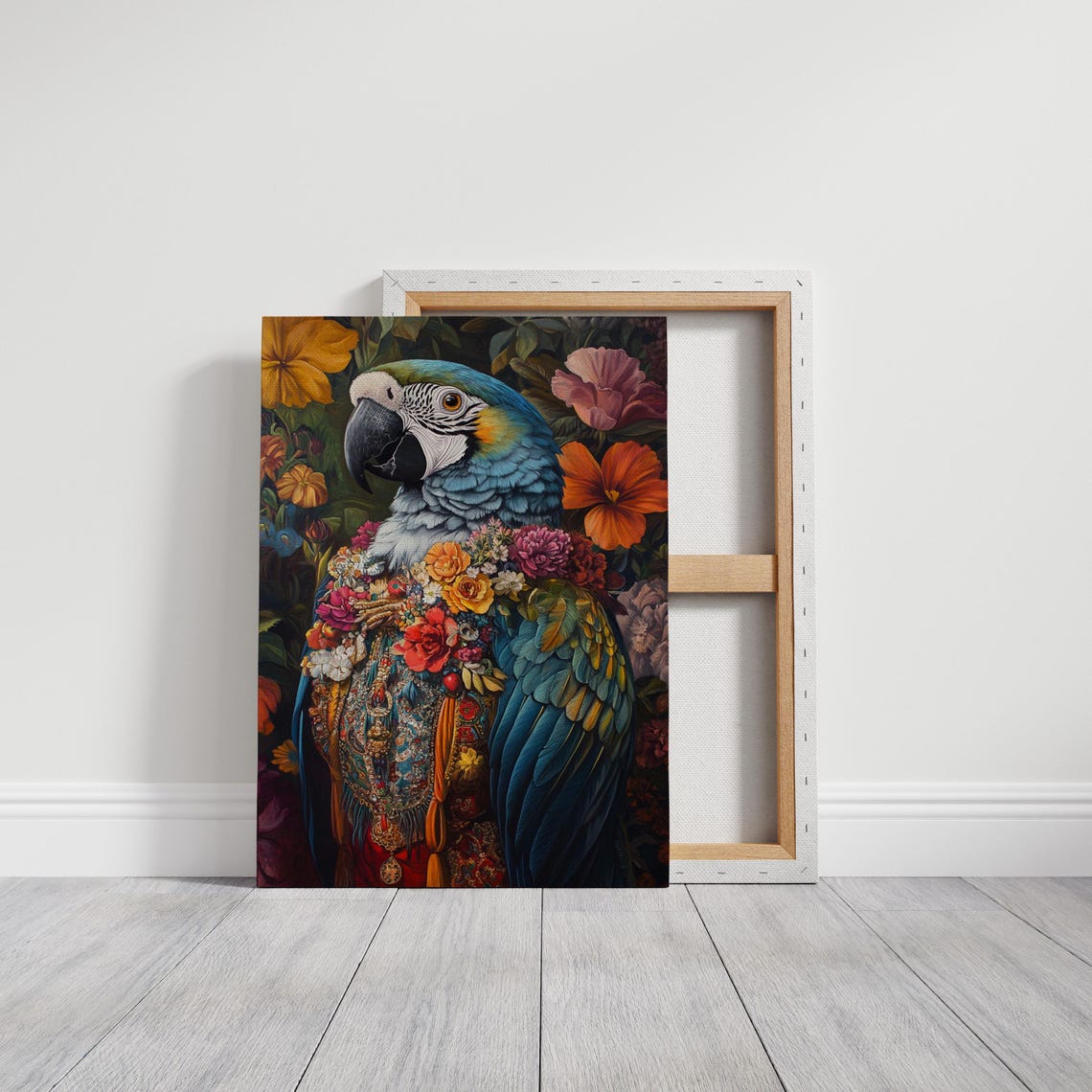 Vibrant Blue and Gold Macaw in Floral Garb Tropical Portrait Poster - Image 3