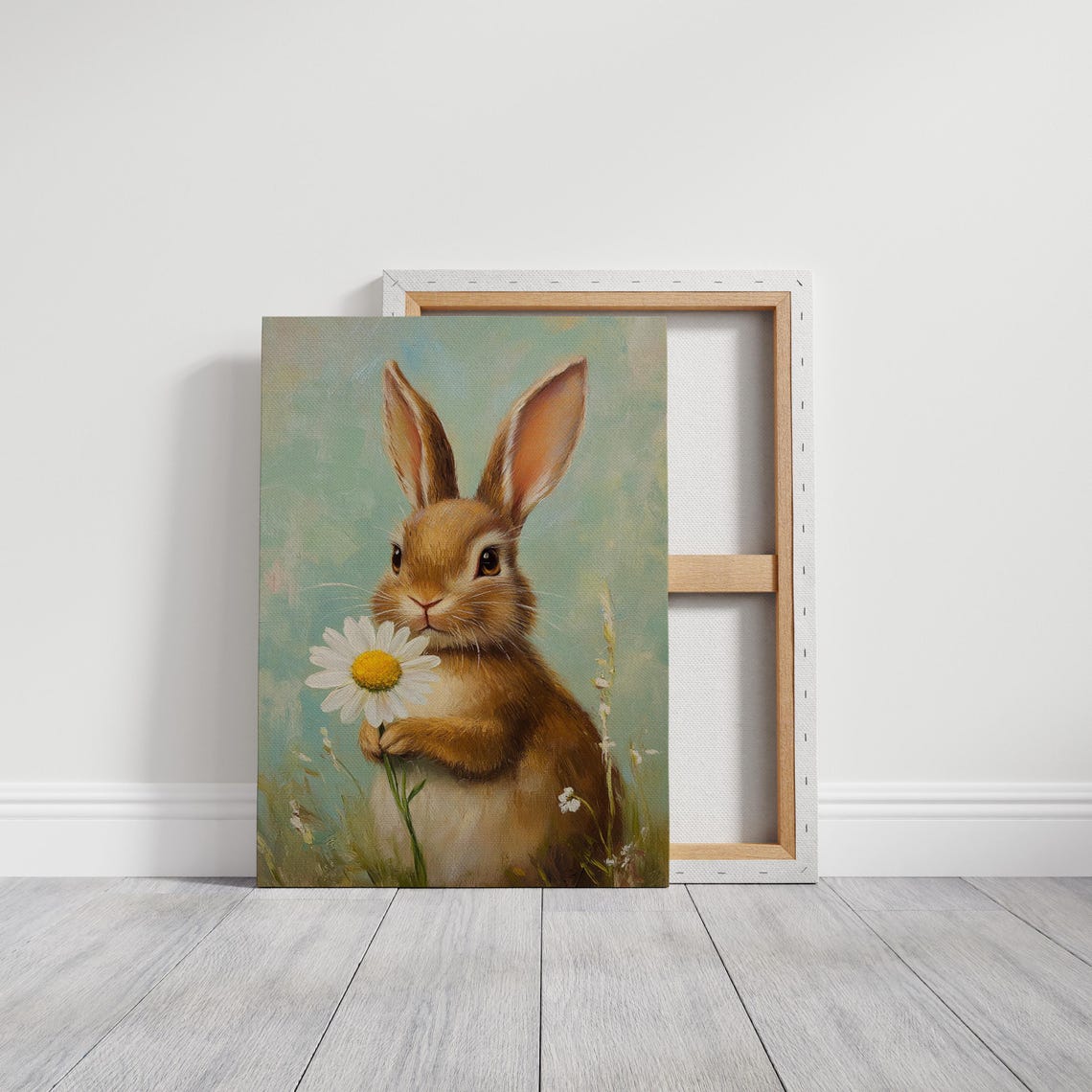 Cute Brown Bunny Holding Daisy Vintage Spring Painting Wall Art - Image 3