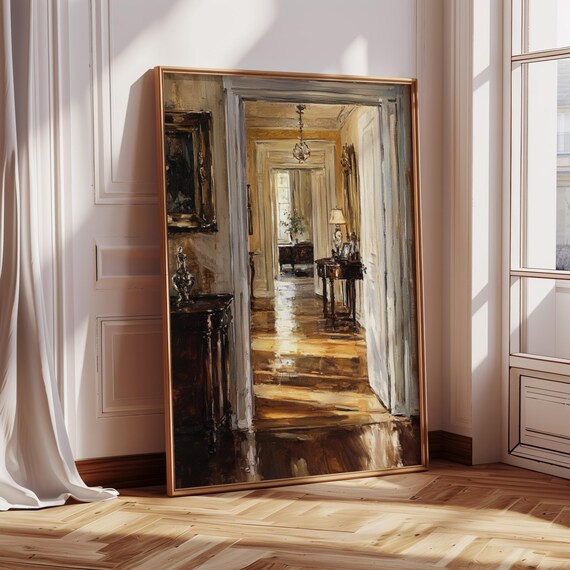Elegant Vintage Hallway Interior Chandelier Oil Painting Art Poster