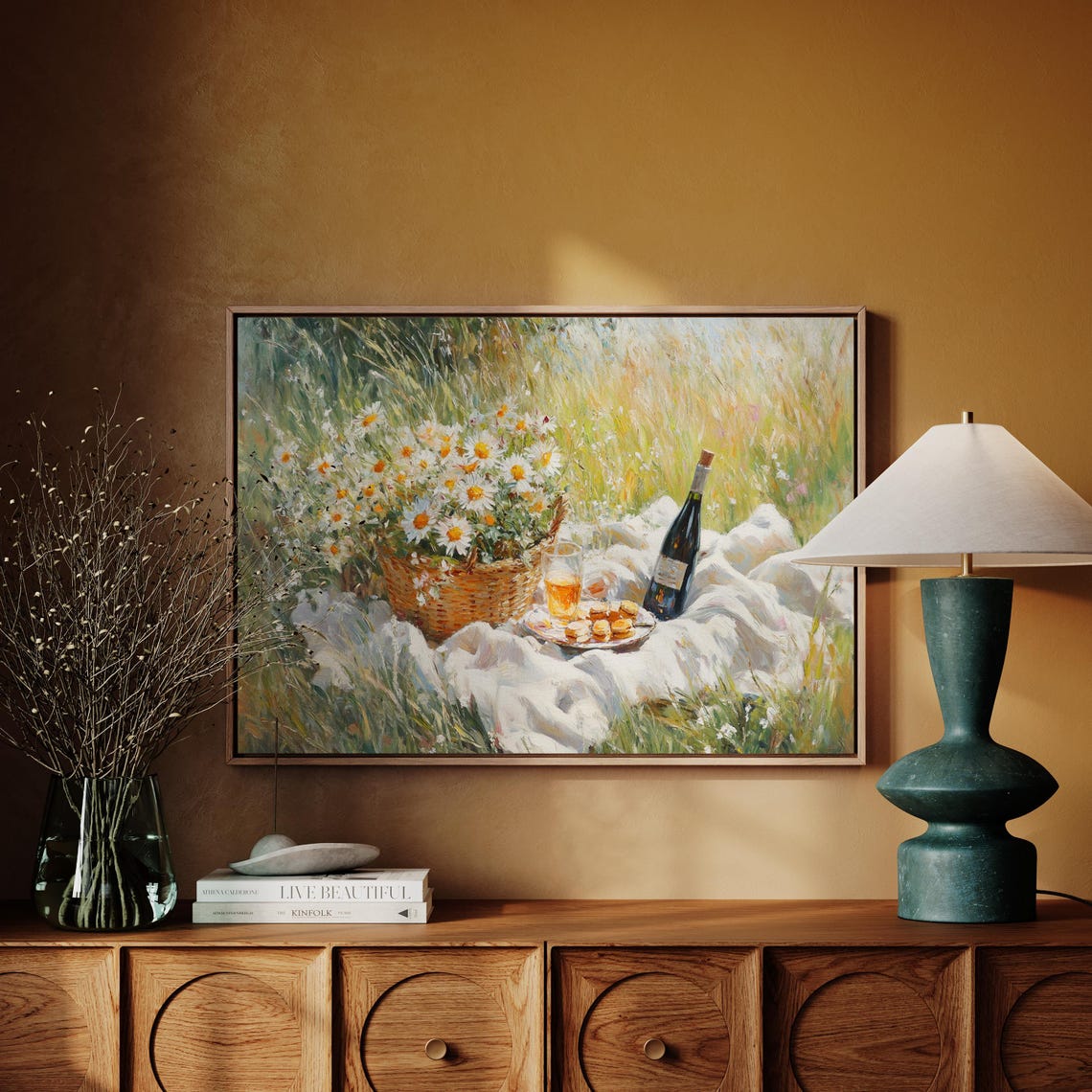 Sunlit Meadow Picnic Basket Of Daisies Wine And Cookies Wall Art - Image 4