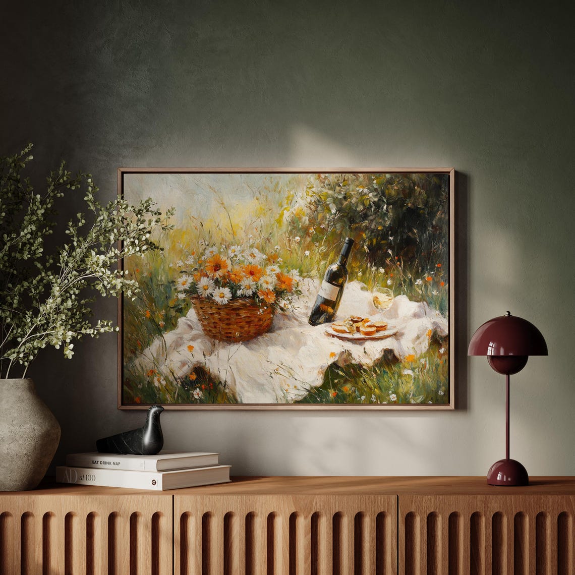 Meadow Picnic Basket Of Wildflowers Wine And Snacks Wall Art - Image 5