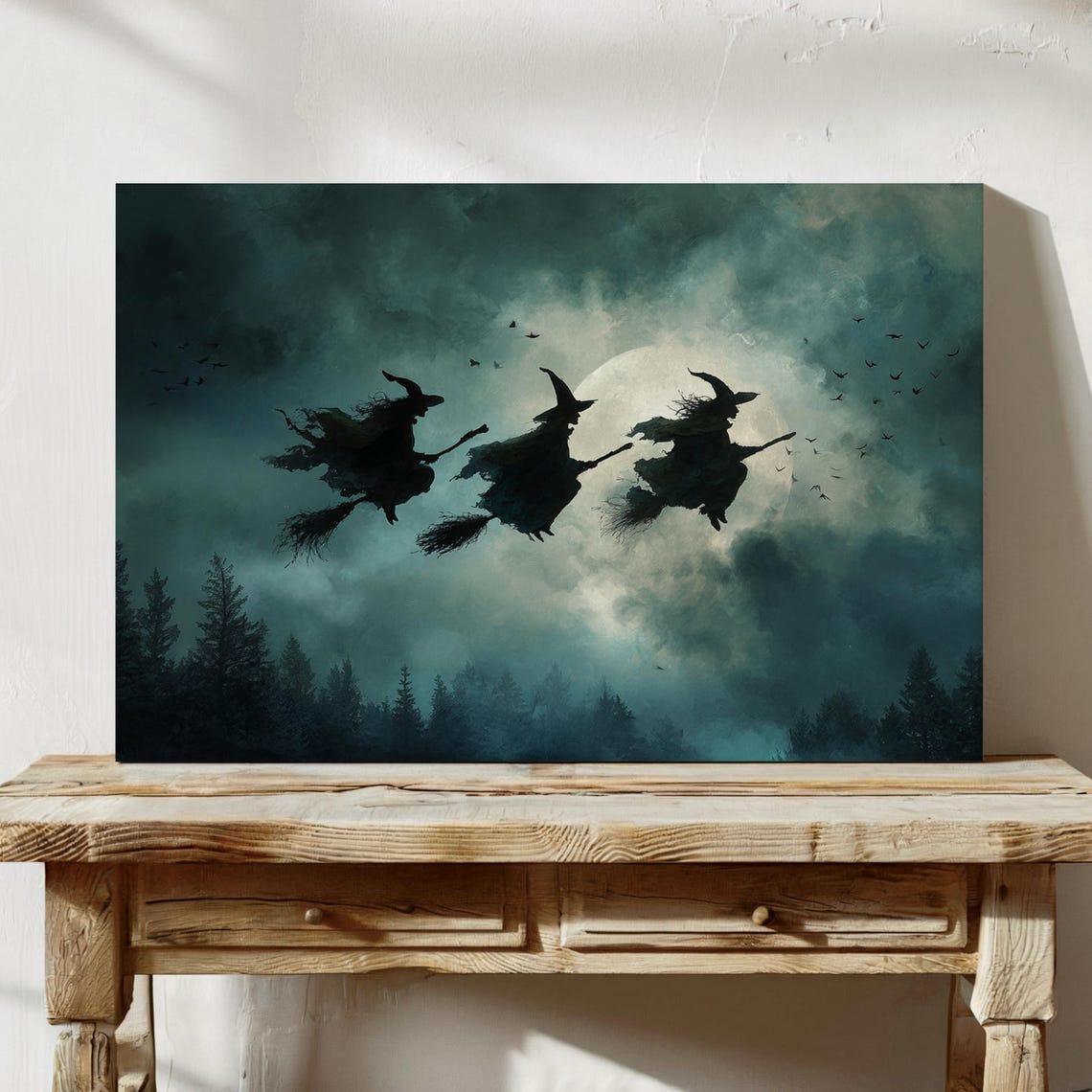 Three Witches Flying Art Print, Halloween Night Sky
