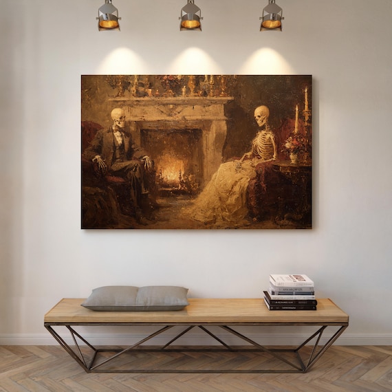 Victorian Skeletons by Fireplace Dark Academia Painting Poster