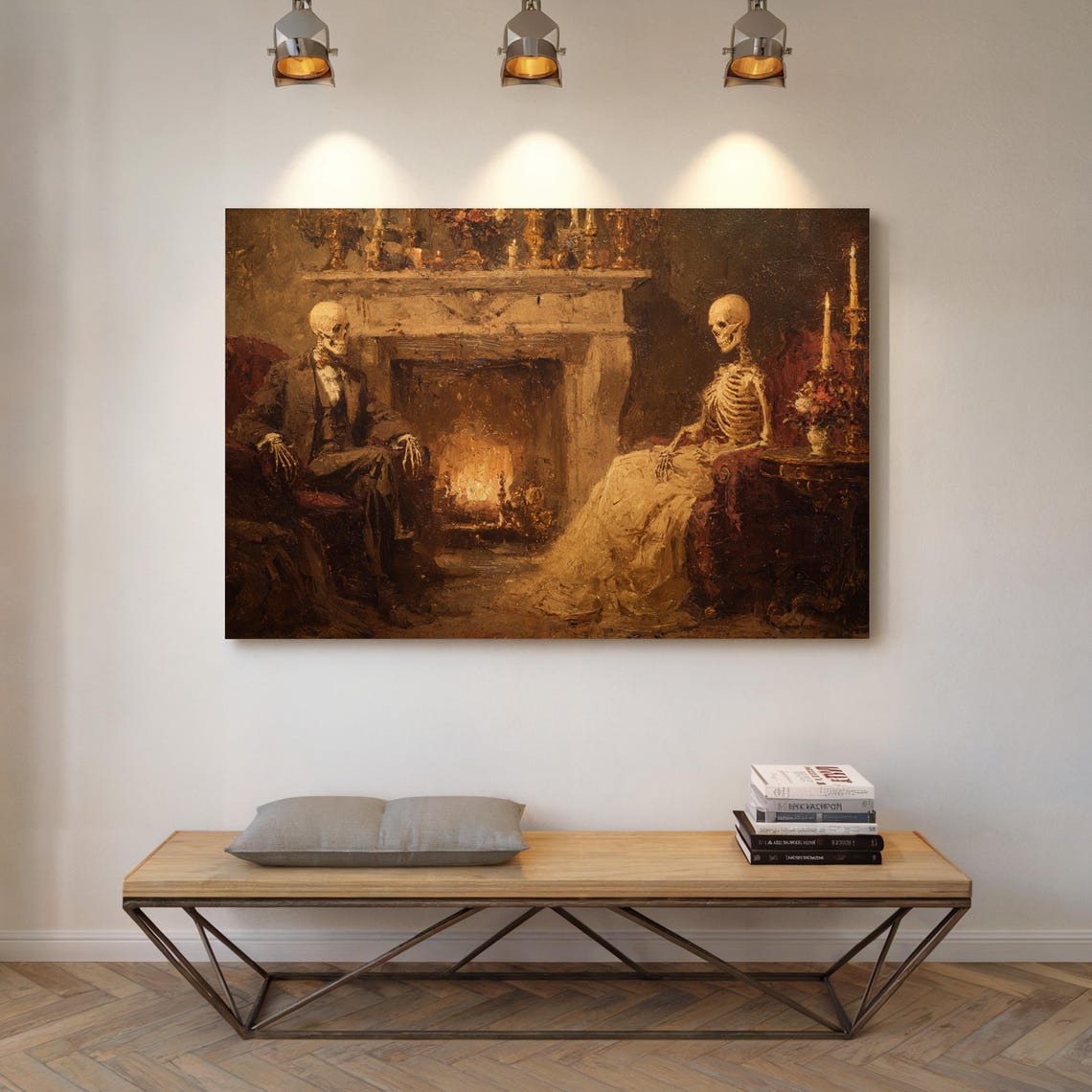 Victorian Skeletons by Fireplace Dark Academia Painting Poster
