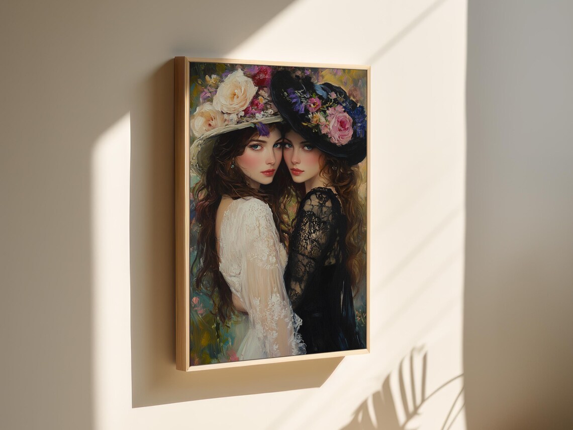 Two Women in Floral Hats Pressed Cheek to Cheek Vintage Poster
