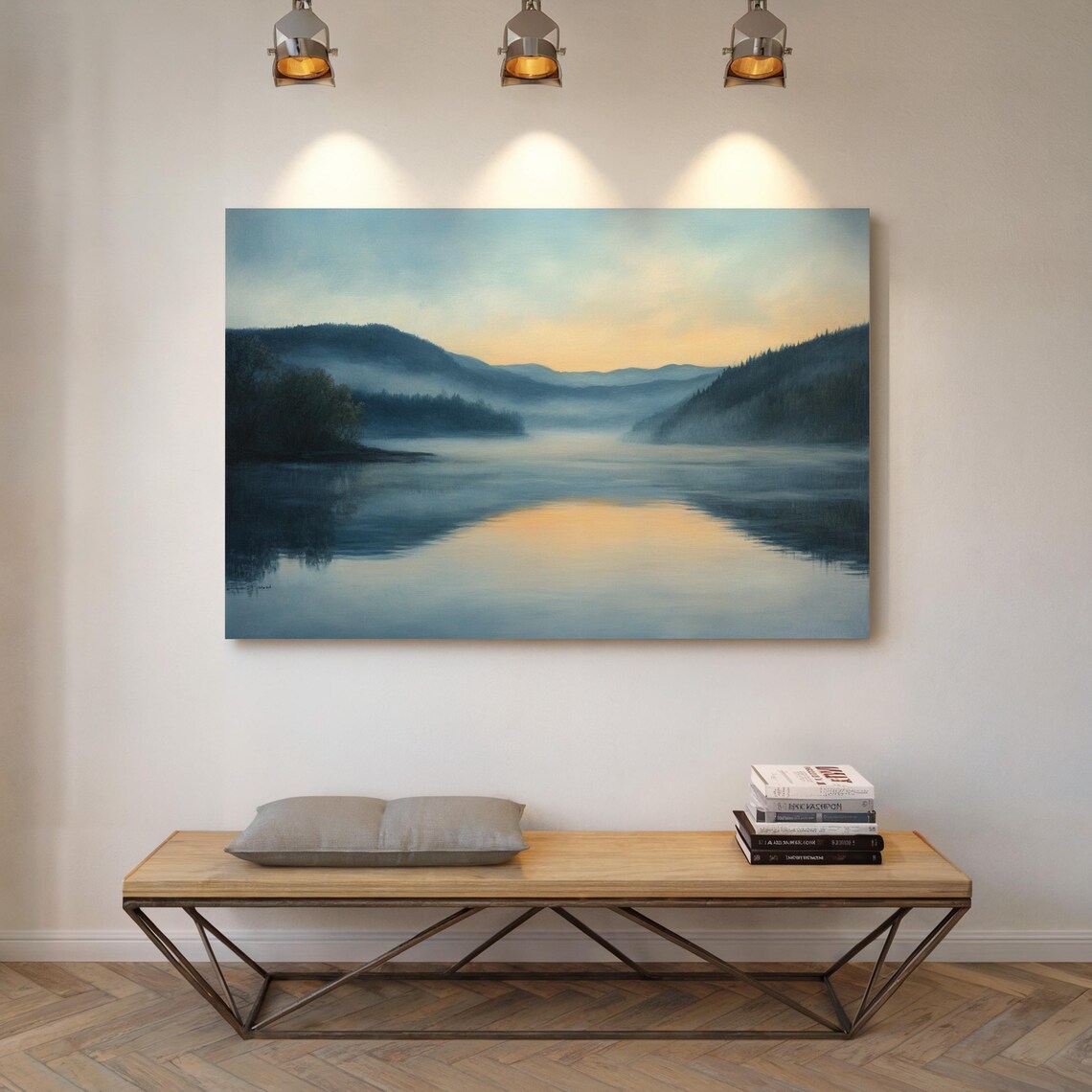 Misty Blue Lake Sunrise Foggy Hills Golden Glow Reflection Art Poster - Image 5
