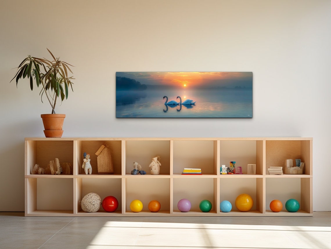 Swan Couple Misty Lake Sunrise Romantic Birds Panoramic Wall Art - Image 5