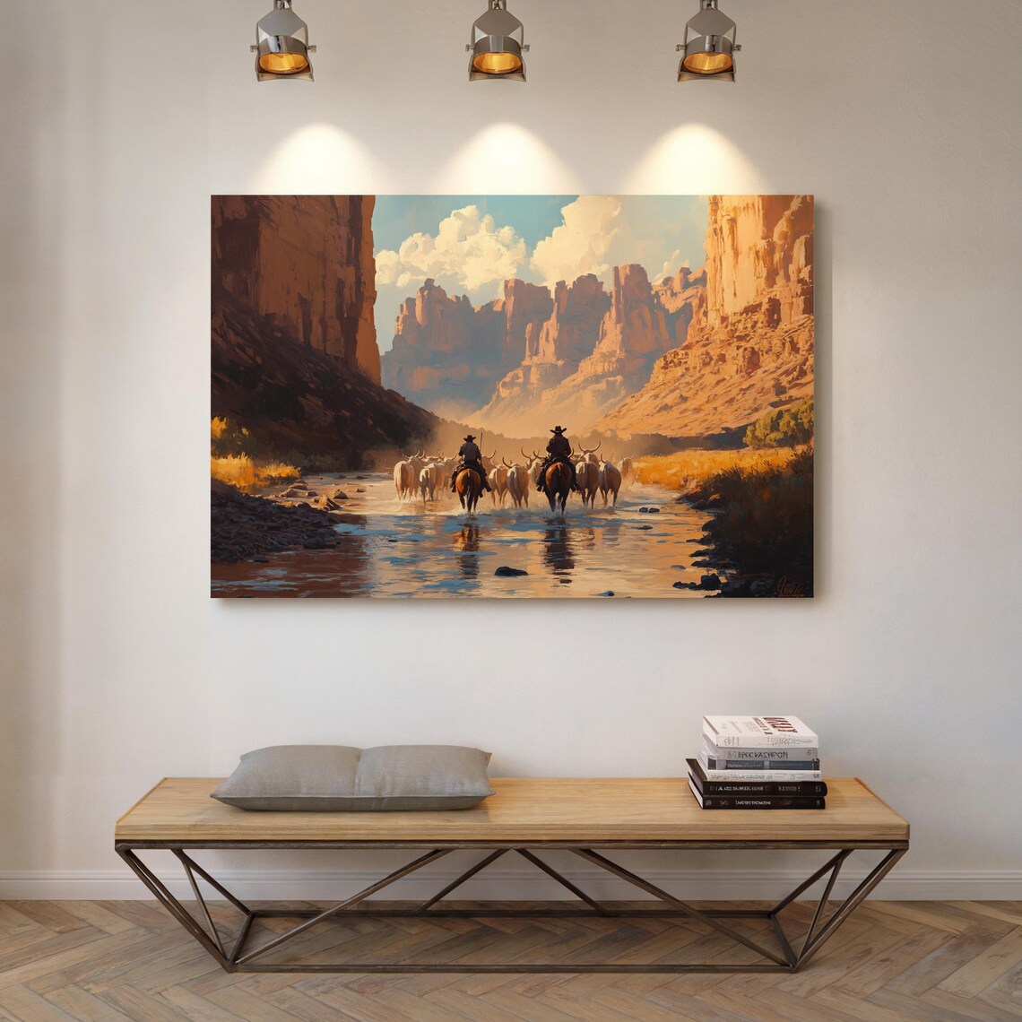 Cowboys Herding Cattle in Canyon, Vintage Southwest Art Print - Image 5