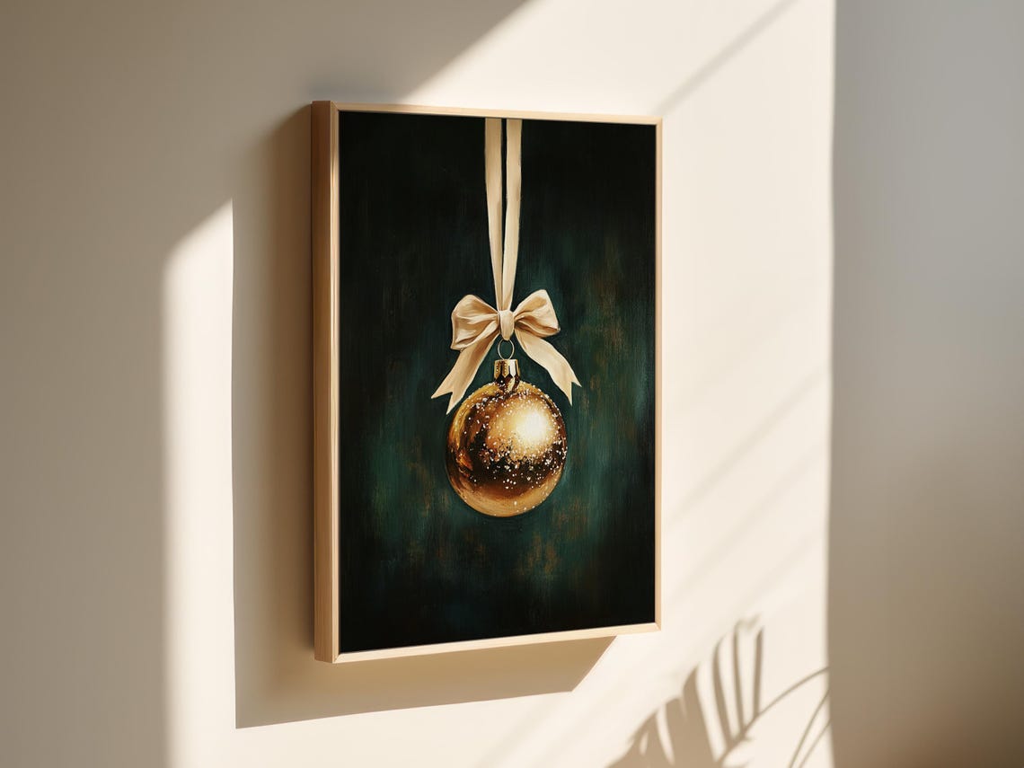Gold Christmas Bauble With Cream Bow on Dark Green Wall Poster