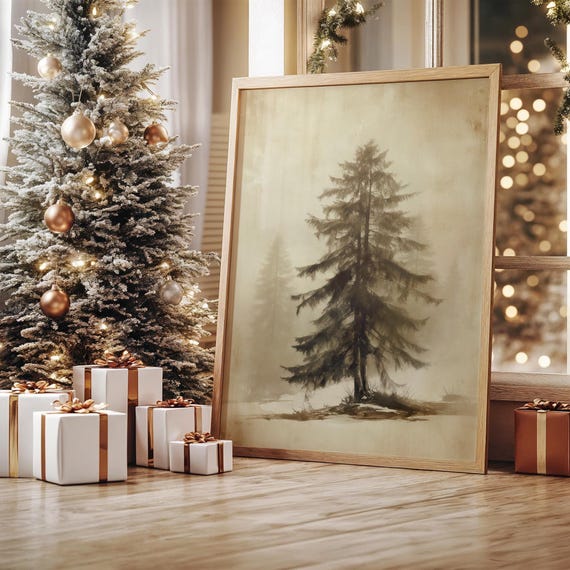 Misty Winter Pine Tree In Snowy Forest