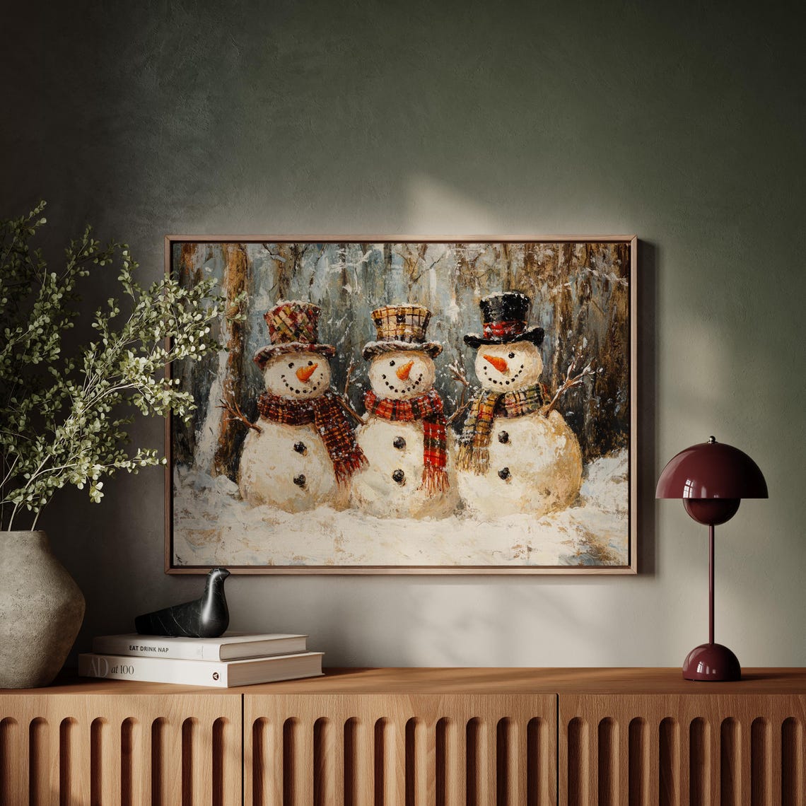 Snowman Trio With Top Hats And Plaid Scarves Winter Wall Art