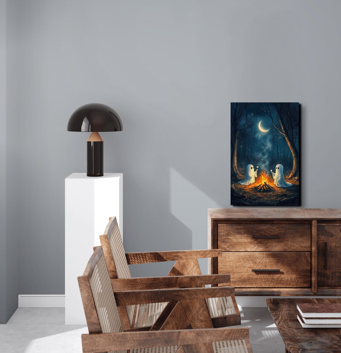 Ghosts Roasting Marshmallows by a Campfire Under a Crescent Moon Poster - Image 4
