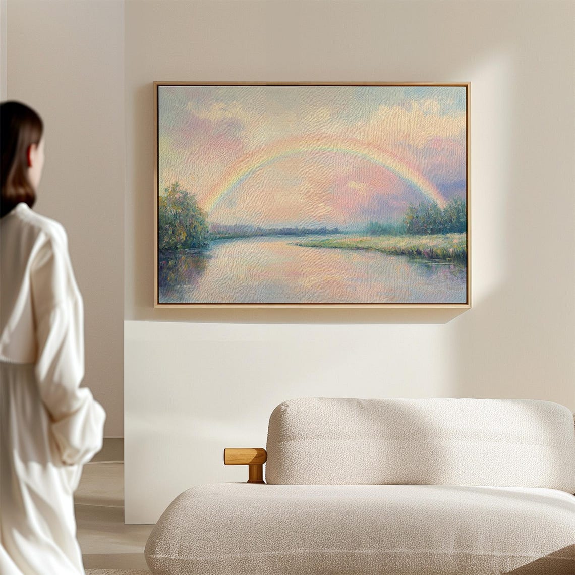Serene Rainbow Over Calm River Peaceful Pastel Landscape Poster - Image 4