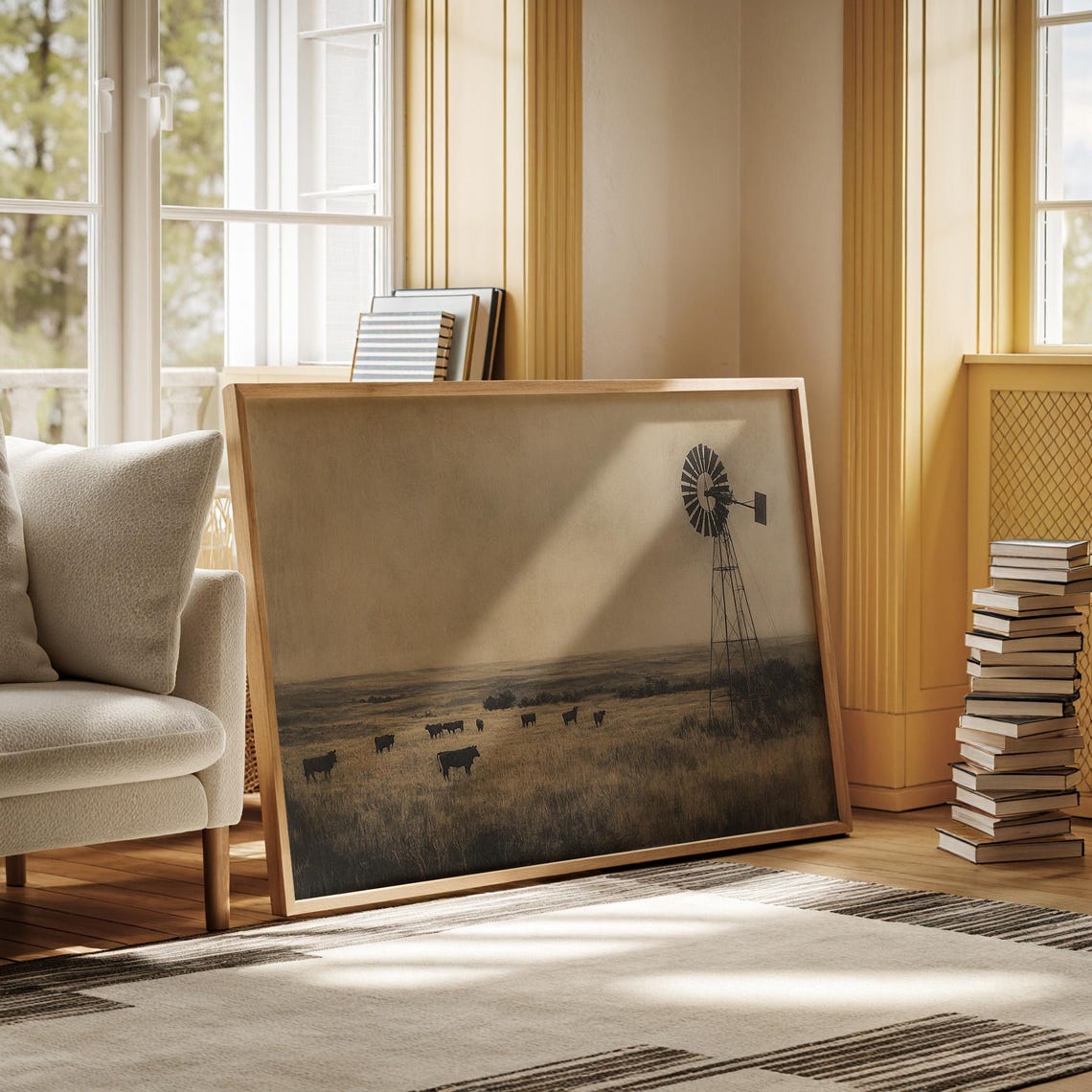 Vintage Prairie Cattle Herd Print with Rustic Windmill Silhouette