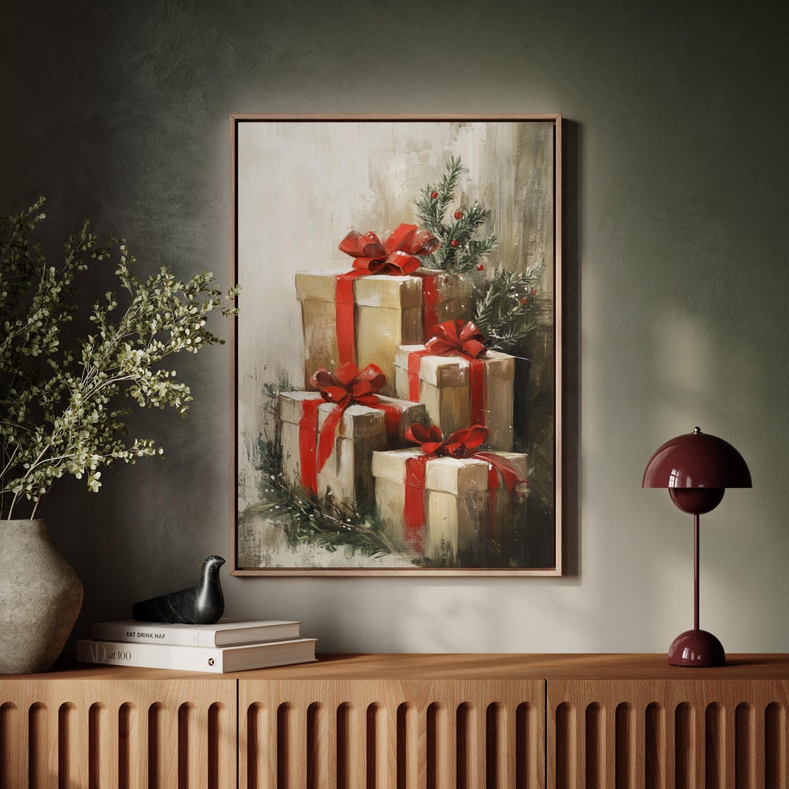 Stacked Christmas Gift Boxes With Red Ribbons Pine Holiday Poster - Image 4