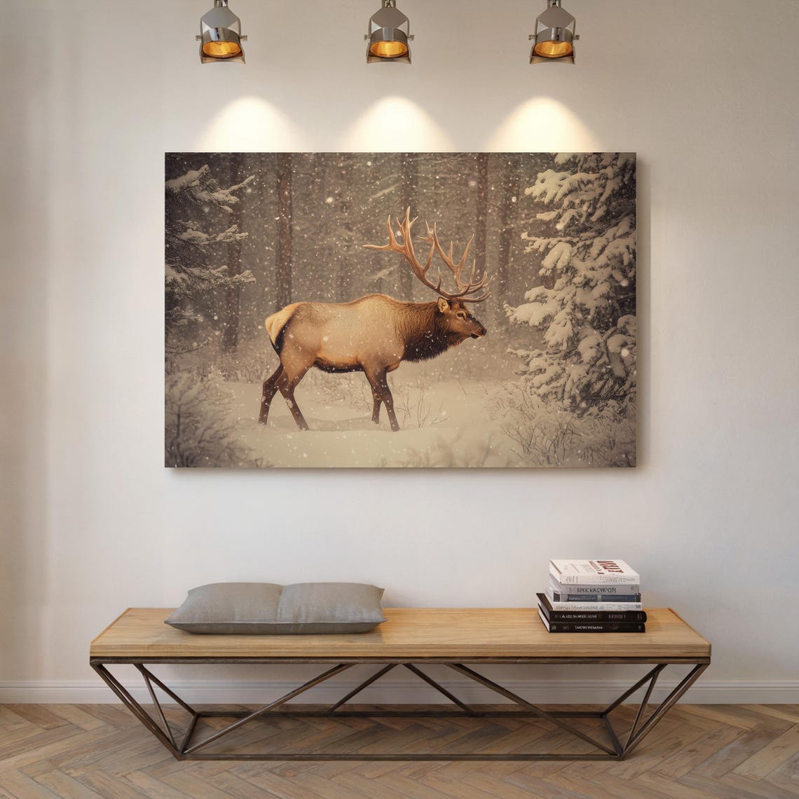 Bull Elk Walking Through A Snowy Forest In Falling Snow Winter Poster - Image 4