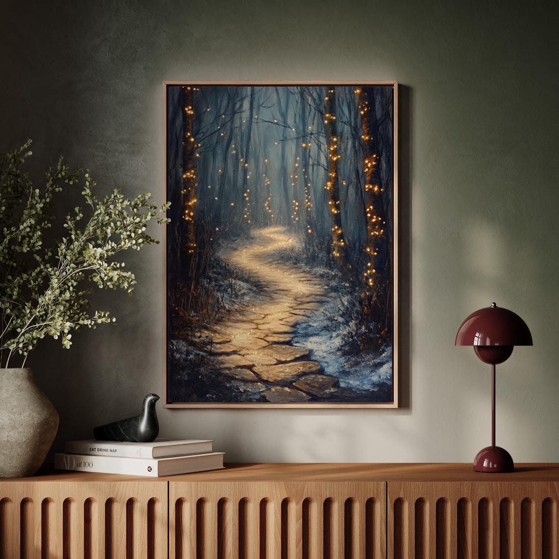 Enchanted Forest Path With Fairy Lights Magical Winter Poster
