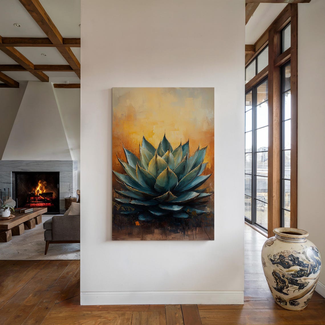 Blue Agave Succulent Painting On Gold Southwestern Art Poster - Image 3