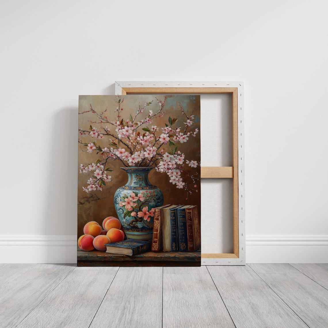 Elegant Cherry Blossom Vase Peaches Antique Books Still Life Poster - Image 3