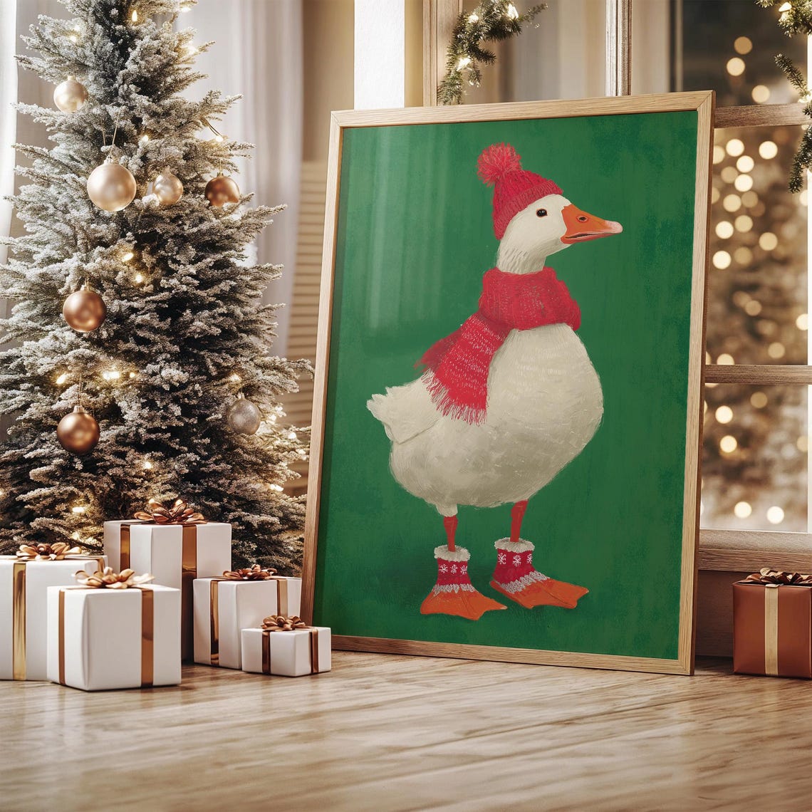 Christmas Goose in Red Knit Hat Scarf and Booties Whimsical Poster
