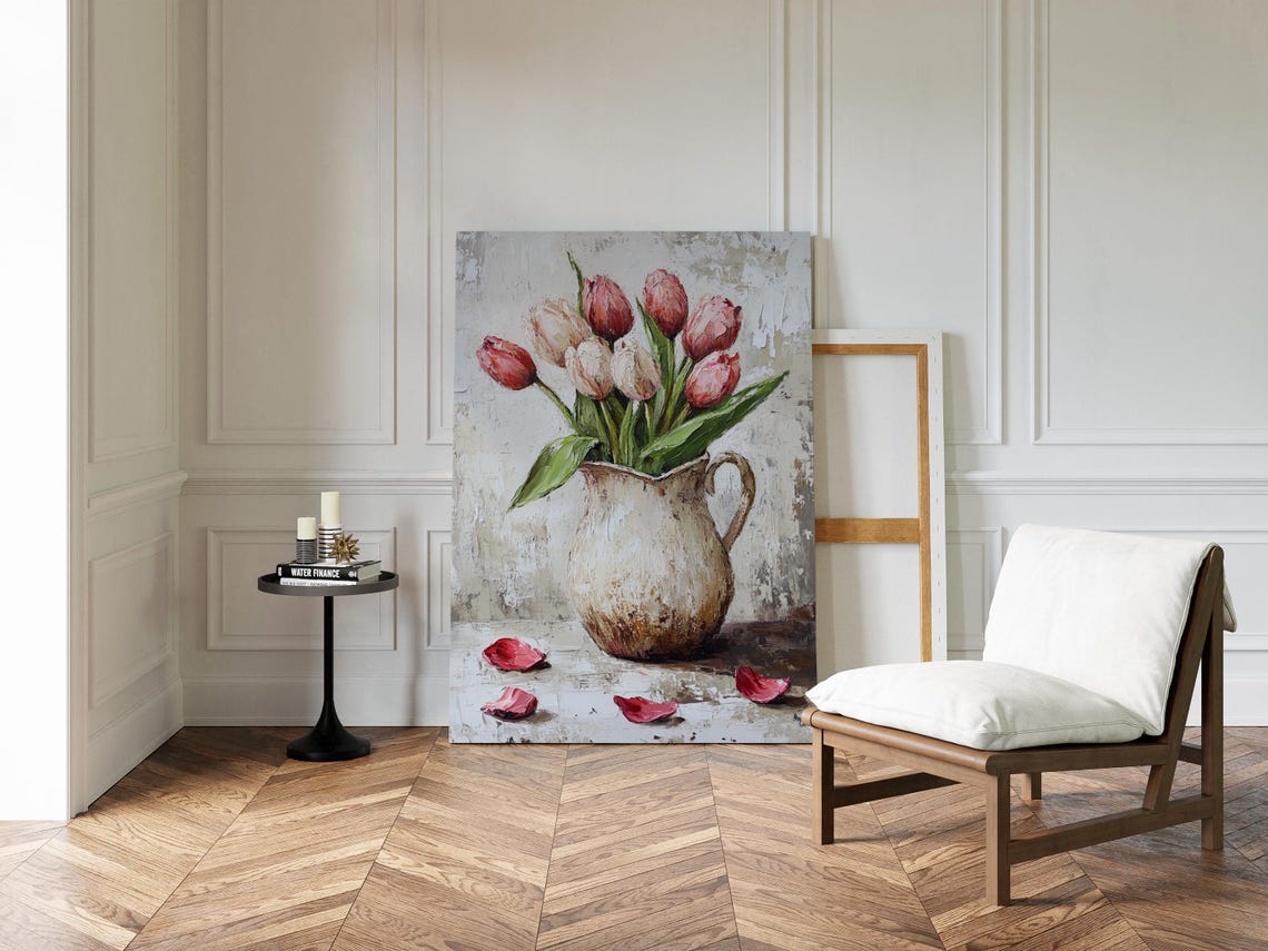 Pink Tulips in Vintage Ceramic Pitcher With Scattered Petals Poster - Image 3
