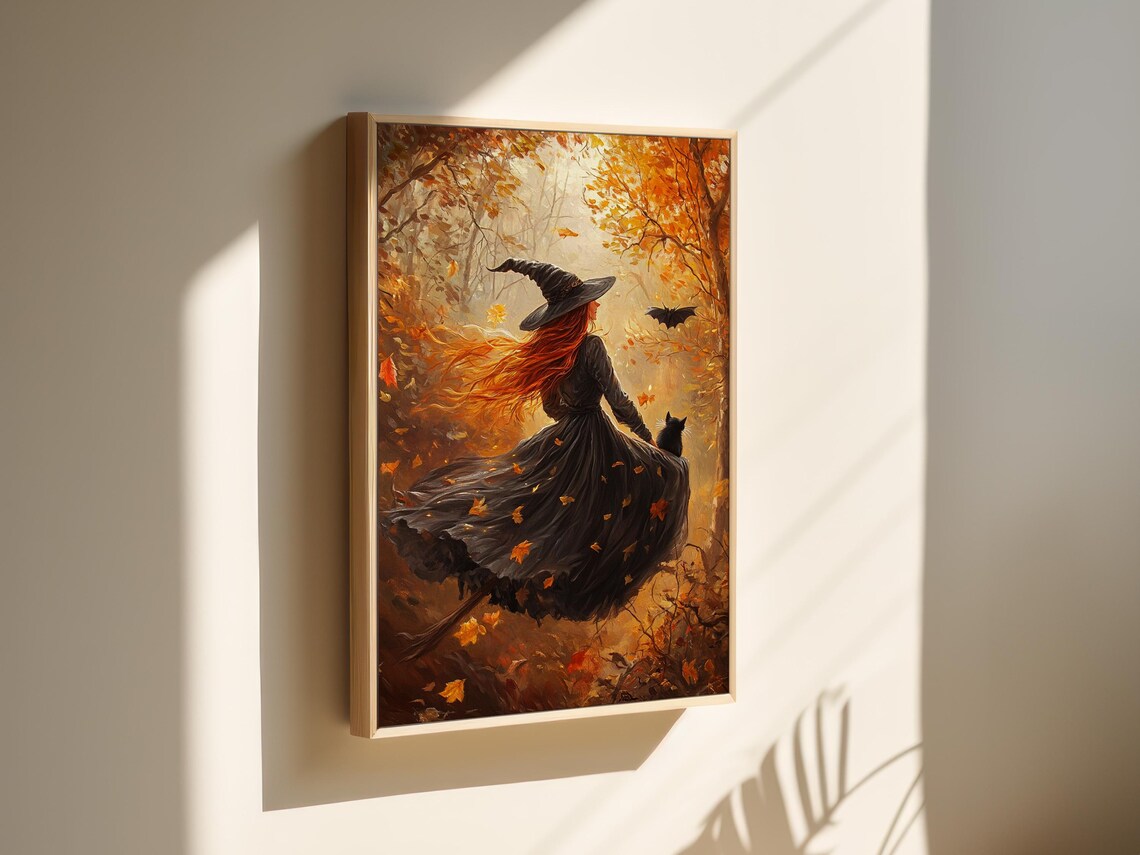 Autumn Witch Flying On Broom With Black Cat Golden Fall Forest Halloween Poster - Image 2
