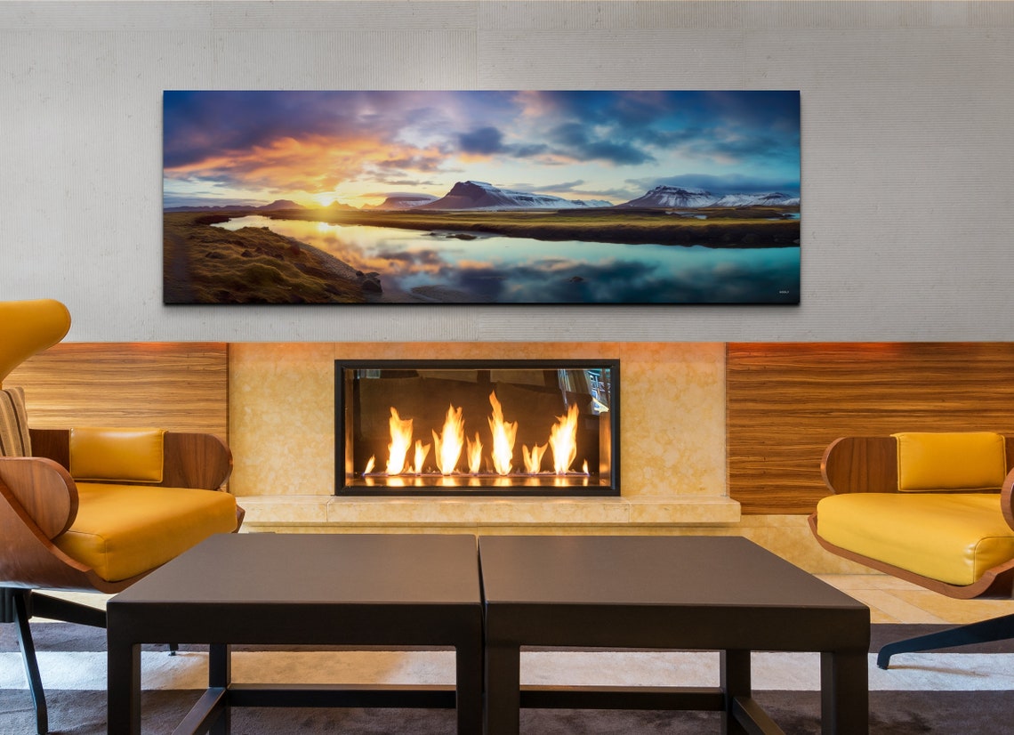 Sunset River Valley Beneath Mountain Peaks Panoramic Art Poster - Image 3