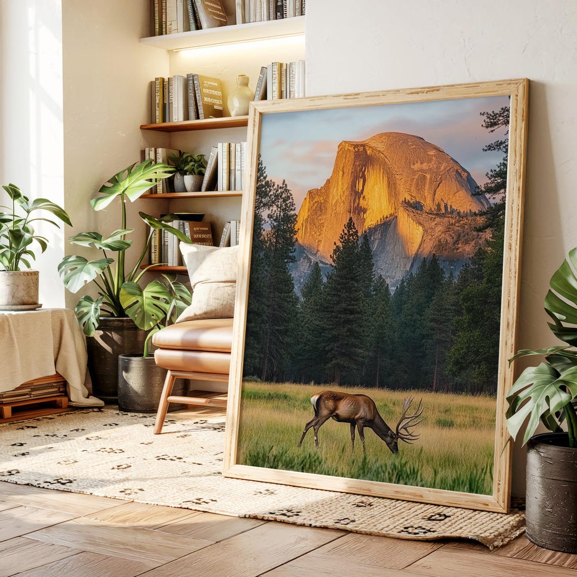 Elk Grazing Meadow Sunset Half Dome Yosemite Wildlife Poster