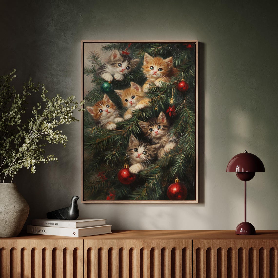 Five Kittens Peeking Christmas Tree Ornaments Vintage Holiday Poster