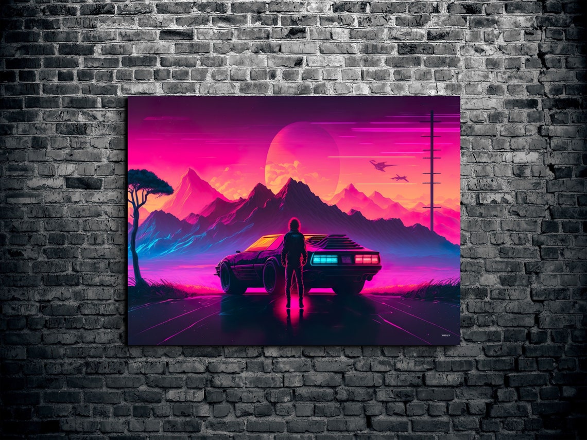 Retro Synthwave Sunset Drive Neon Mountains Giant Moon Poster
