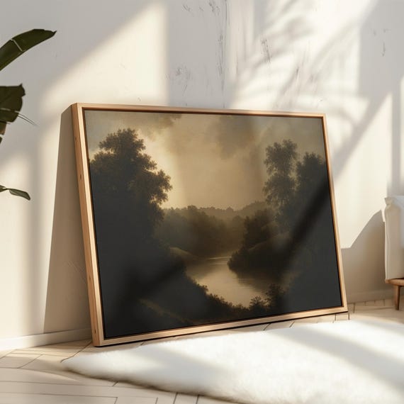 Sepia Forest River Landscape Canvas Tranquil Valley At Dusk Vintage Nature Wall Art For Rustic And Classic Home Decor