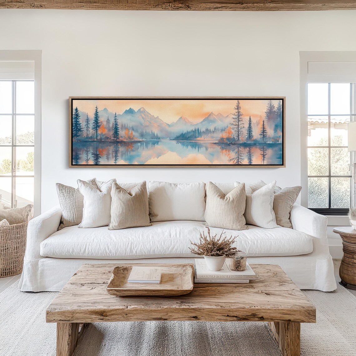 Misty Watercolor Mountain Lake Soft Peach Sunrise Pines Landscape Poster - Image 6