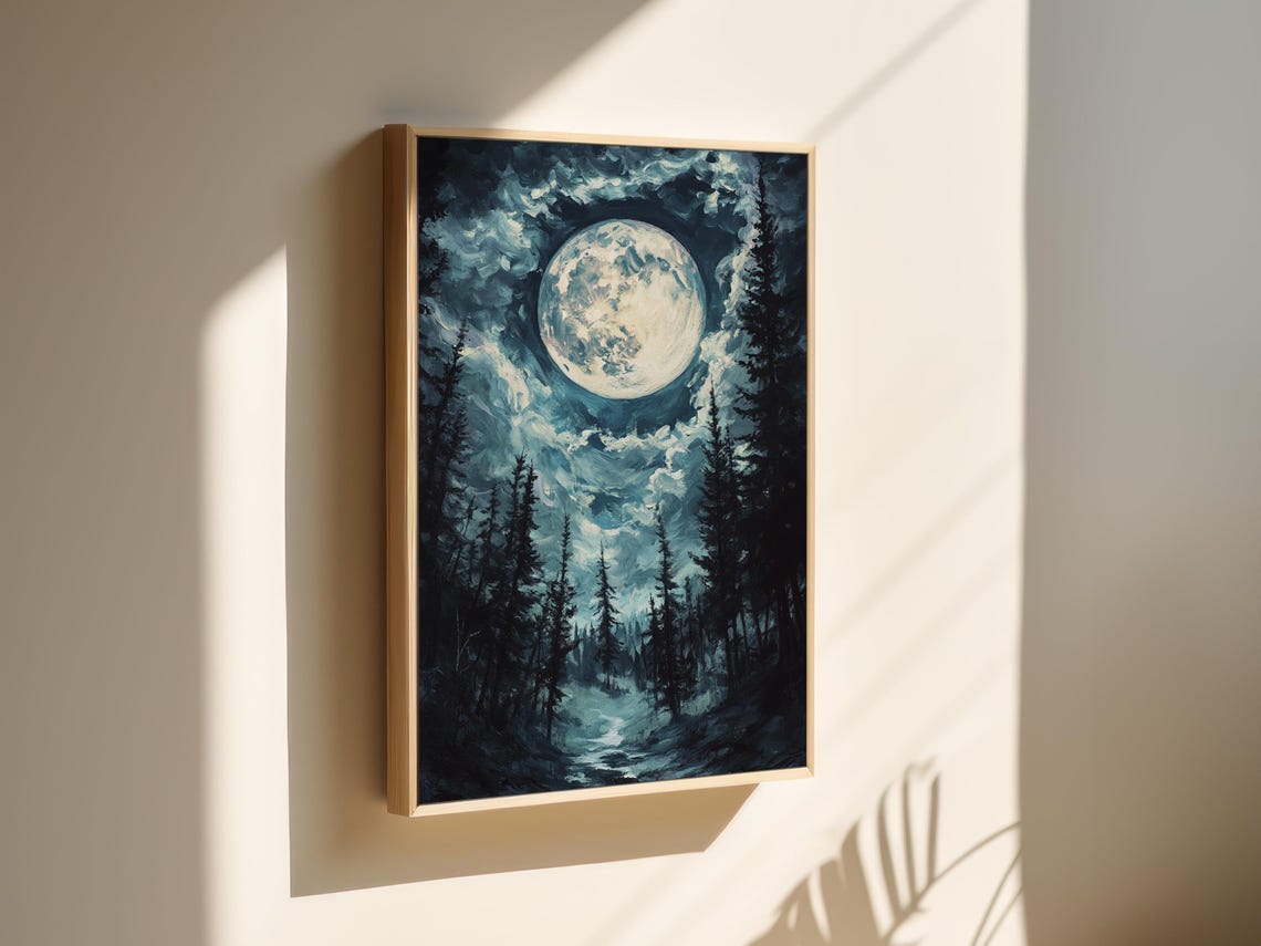 Full Moon Over Dark Pine Forest Dramatic Cloudy Night Wall Art - Image 3