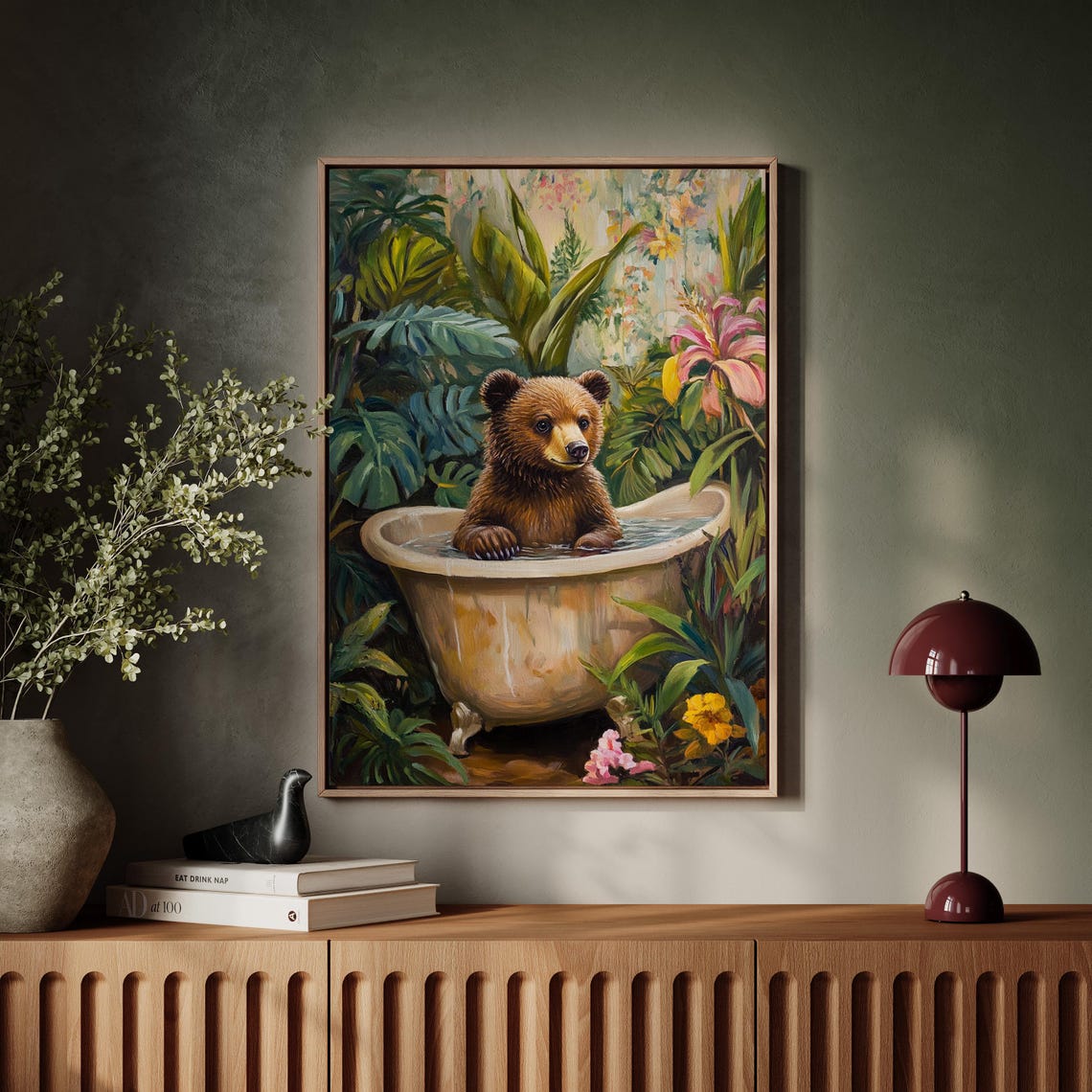 Bear Cub Relaxing Vintage Bathtub Lush Jungle Foliage Poster