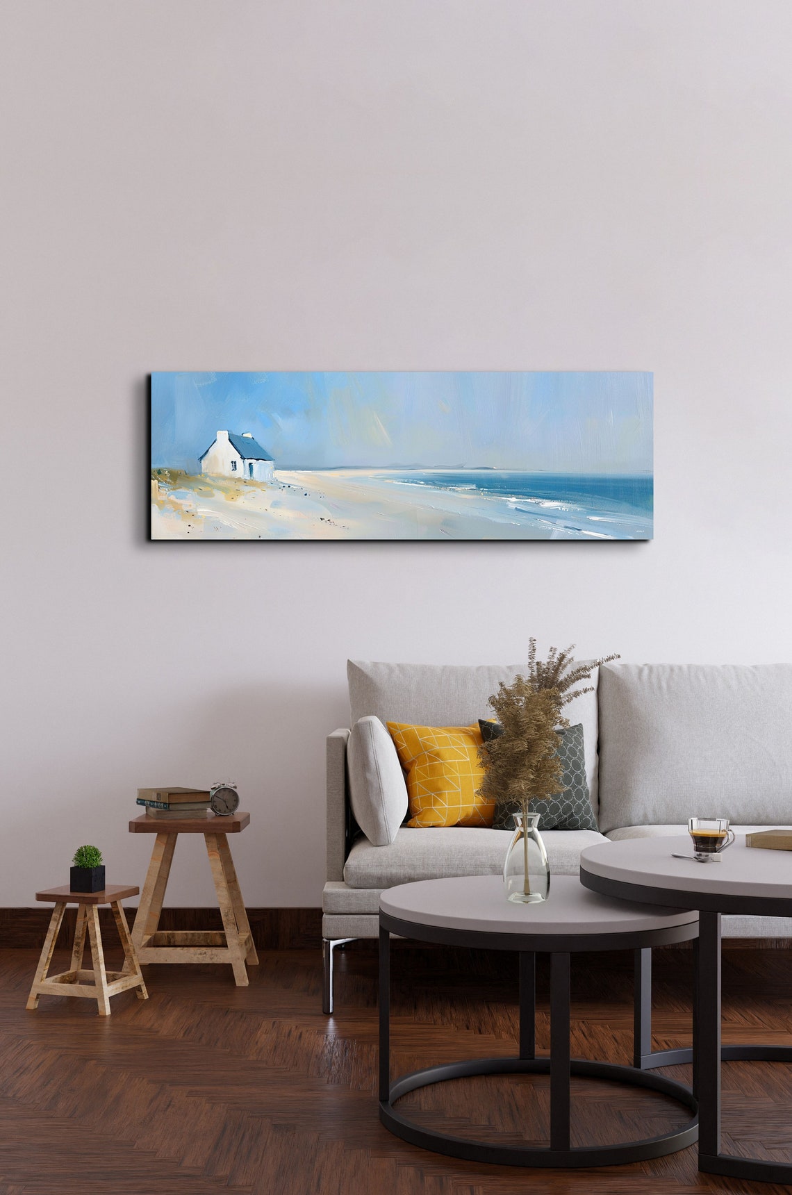 White Beach Cottage Coastal Oil Painting Panoramic Seascape Poster - Image 4